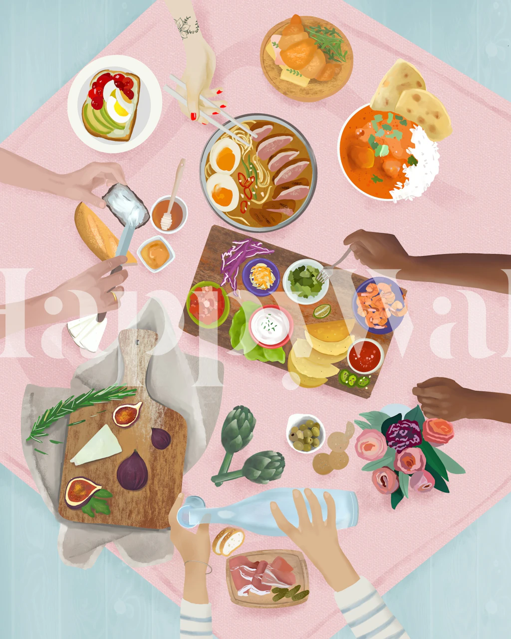 Illustrated brunch-themed wall mural with overhead view of dining table set with various dishes and flowers