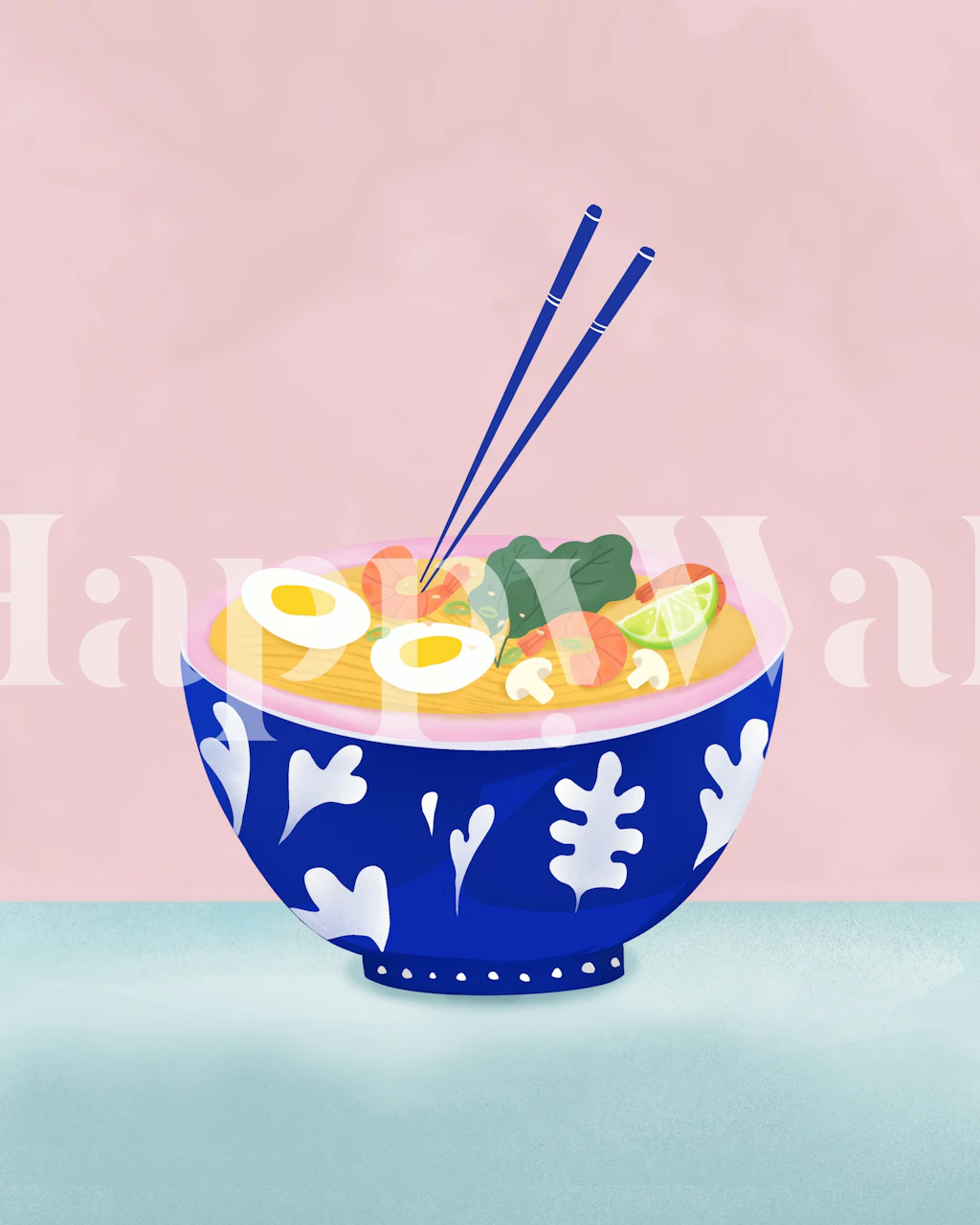 Colorful ramen bowl with eggs, shrimp, and greens on pink background wallpaper
