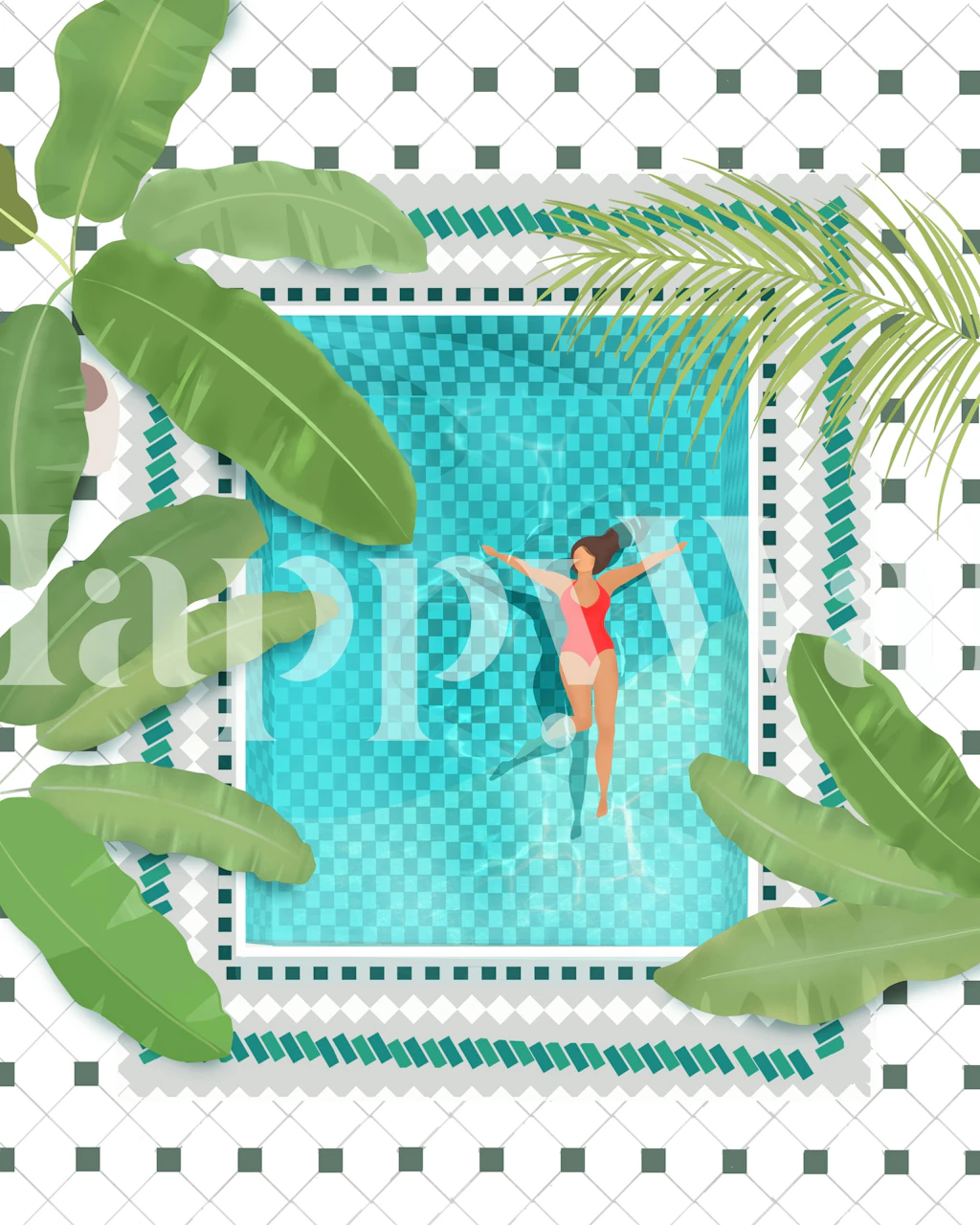 Illustration of a relaxing pool scene with a swimmer and tropical foliage in a Riad Pool wall mural
