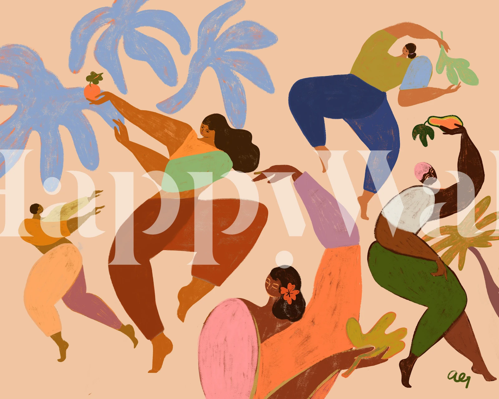 Colorful dancers and palm leaves illustration wallpaper