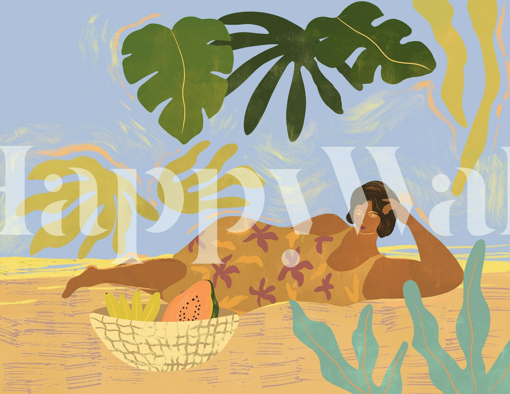 Tropical leaves and relaxed woman illustration wallpaper