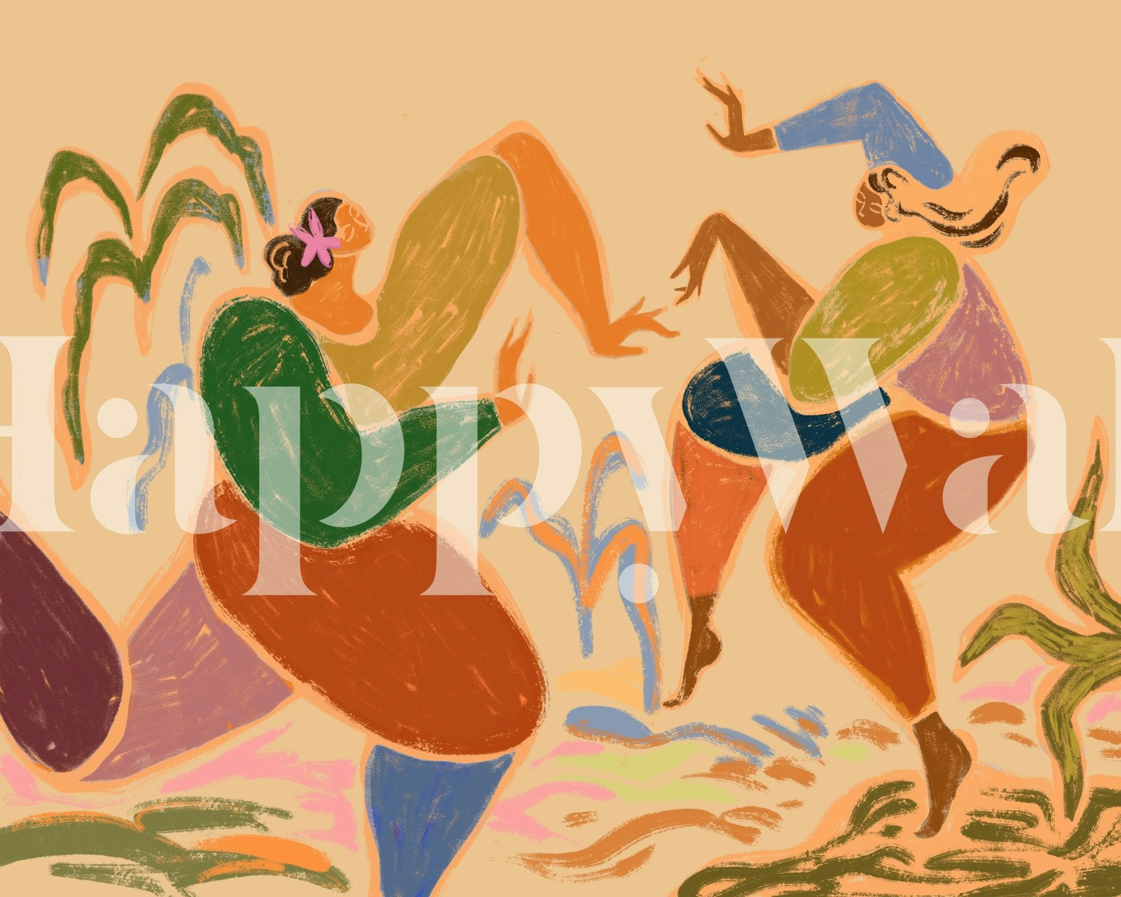 Mural de pared con temática de danza abstracta y colores tierra que representan figuras rítmicas en movimiento.