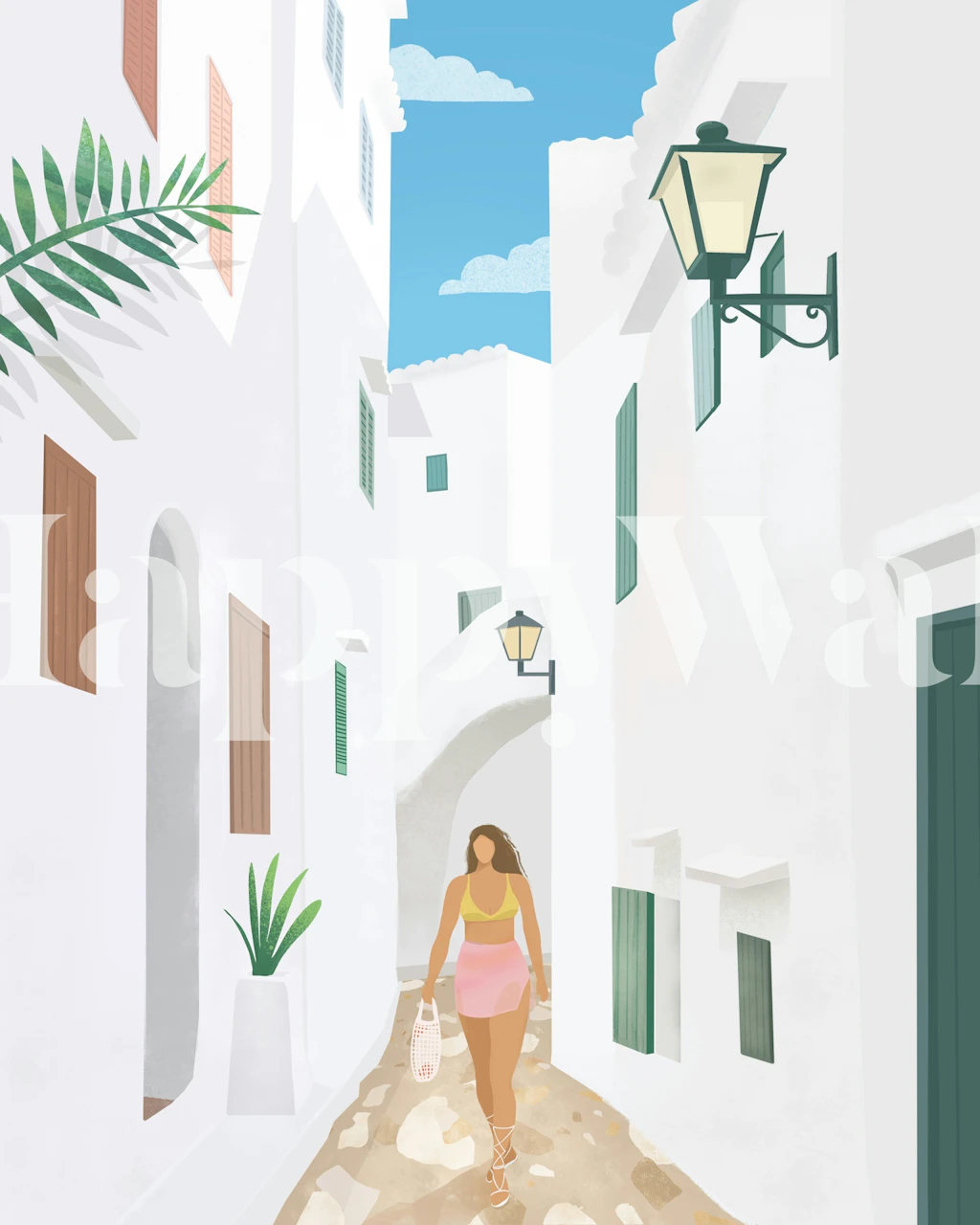 Mediterranean street scene with white buildings, blue sky, and greenery wallpaper