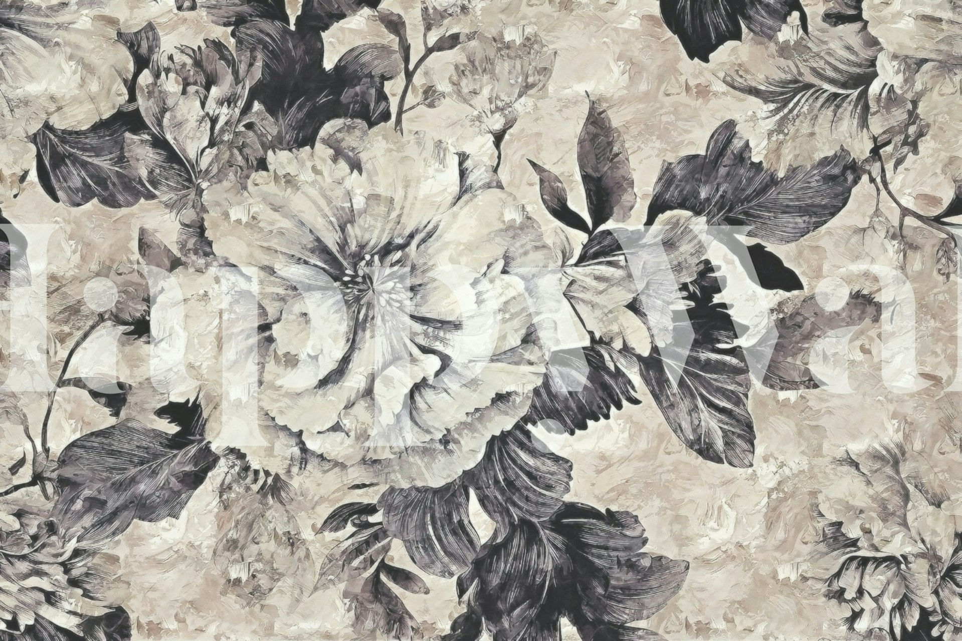 Carta da parati floreale monocromatica con fiori dettagliati