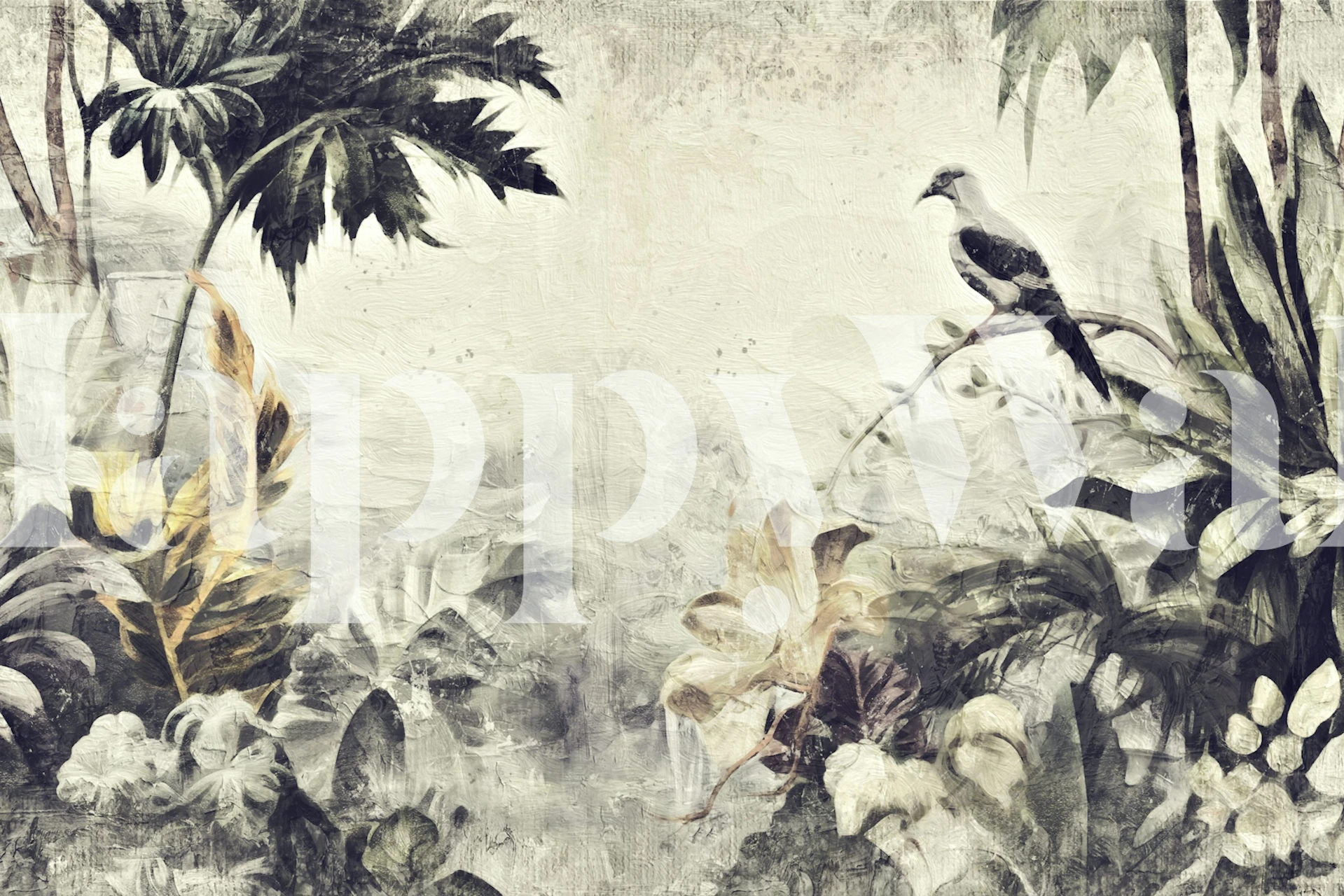 Fototapeta z tropikalną dżunglą z ptakami i liśćmi w stonowanych odcieniach