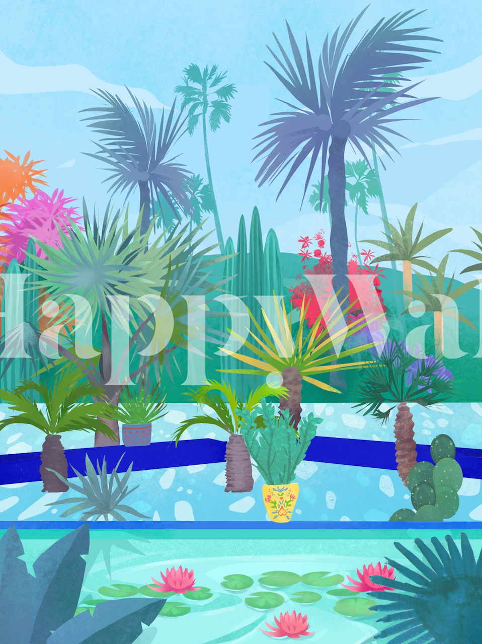 Fotomural ilustrado del jardín marroquí con palmeras y plantas tropicales