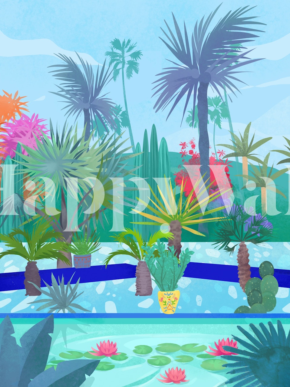 Illustrert veggmaleri i Marokkansk hage med palmer og tropiske planter