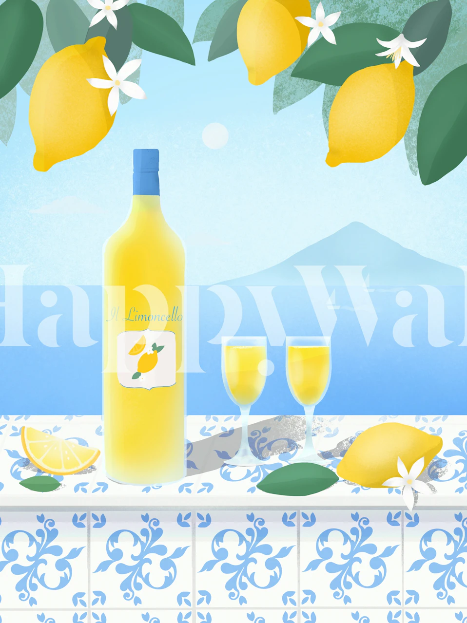 Lemon and flower pattern in blue background wallpaper