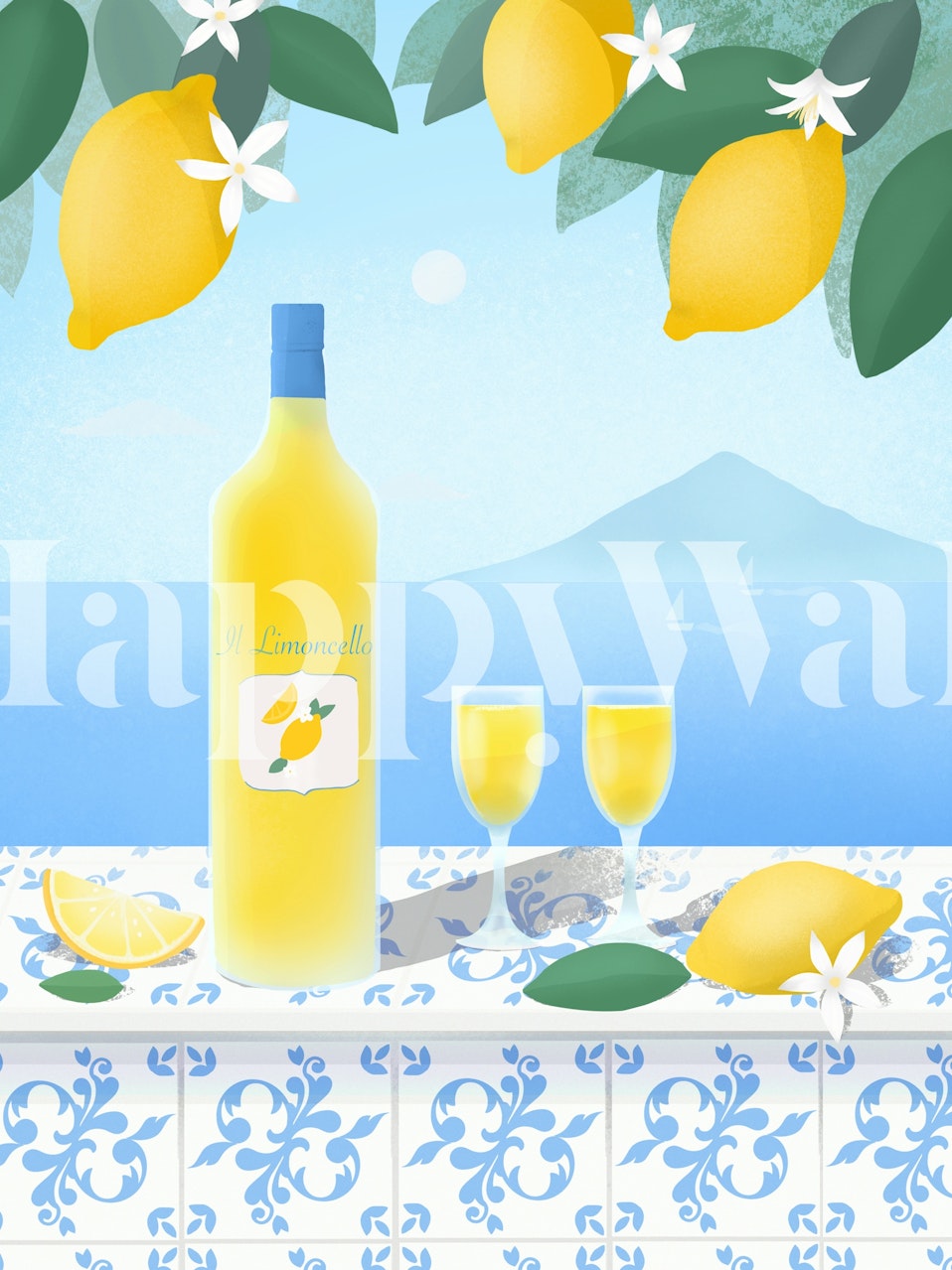 Lemon and flower pattern in blue background wallpaper