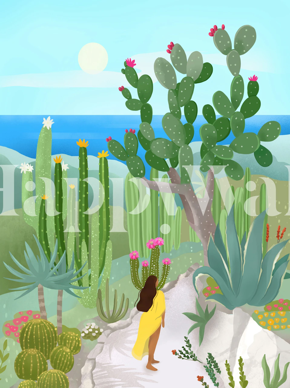 A woman in a yellow dress walking through a cactus garden wall mural