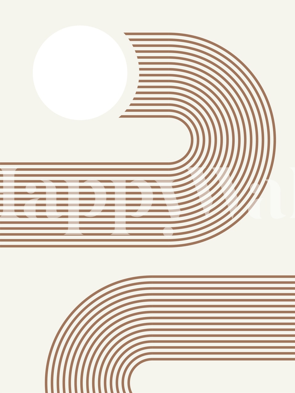 Beige geometric line art wallpaper with curved brown lines and circular shapes.