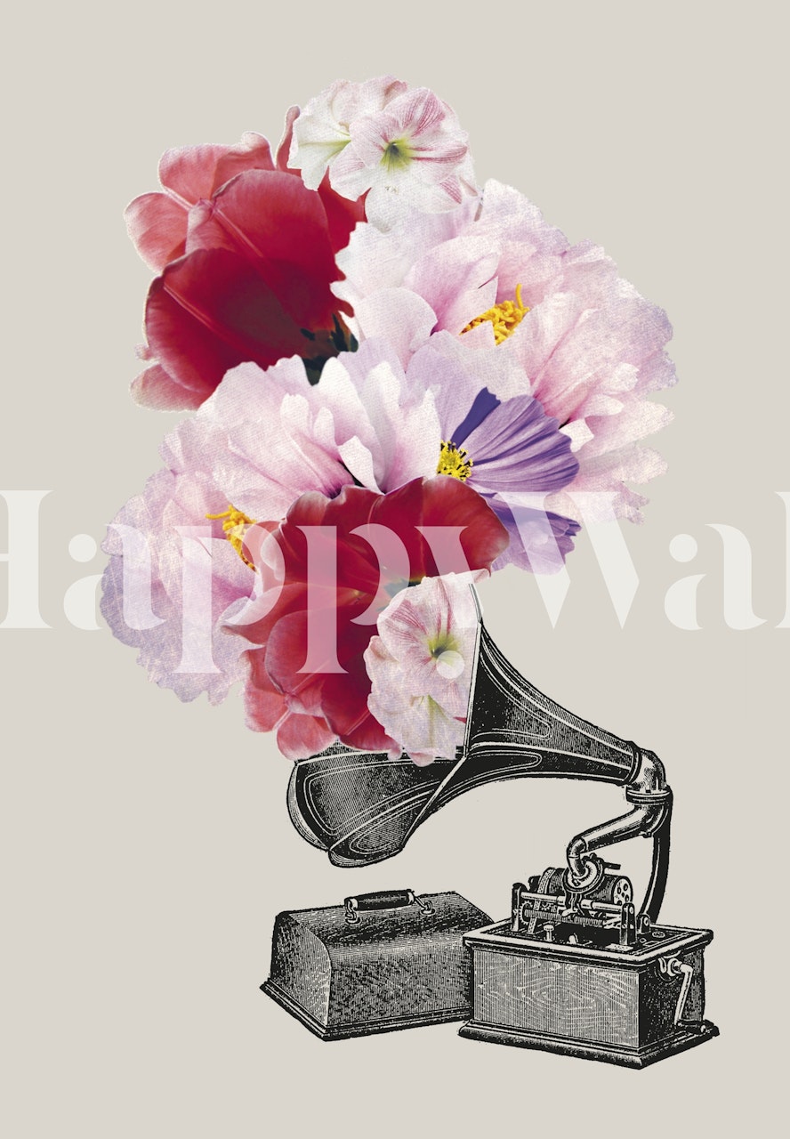 Floral gramophone with pink and red flowers grey background wallpaper