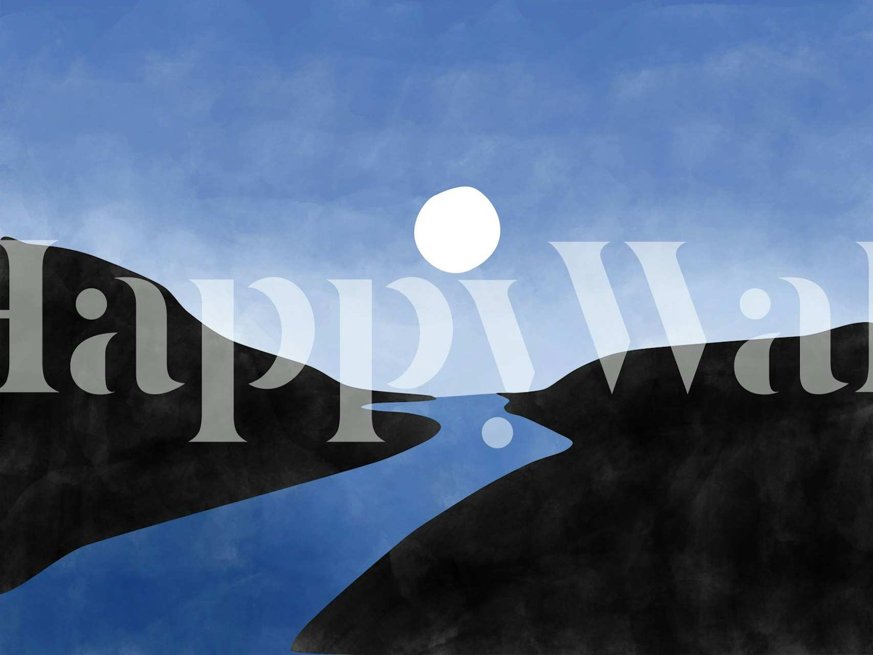 Abstract blue river landscape with hills and sun wallpaper