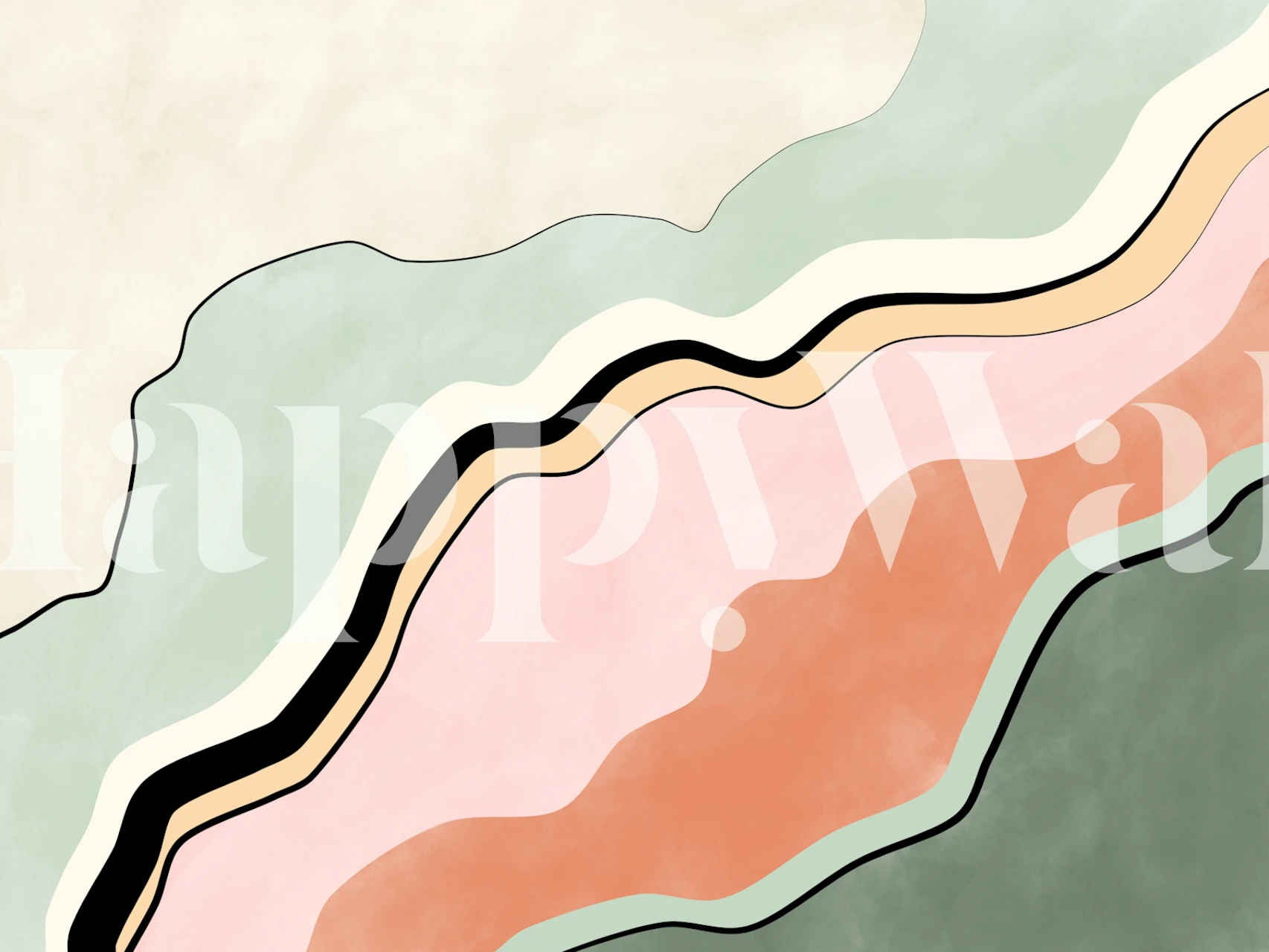 Abstrakte Fototapete in Pastellrosa und Grün mit goldenen Linien