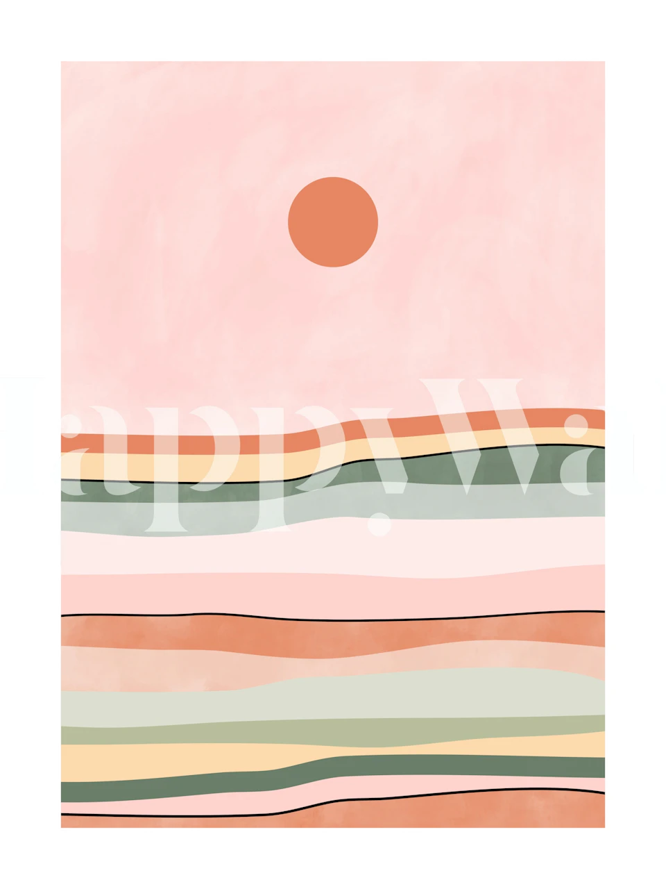 Abstract wall mural with pink sky and green stripes resembling a serene landscape at sunset