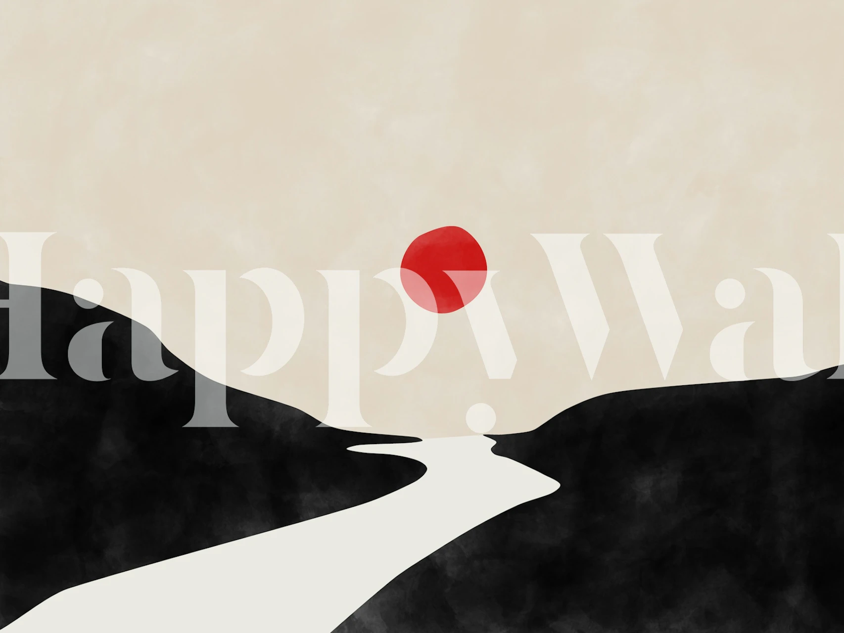 Abstract wall mural with black, beige, and a red circle