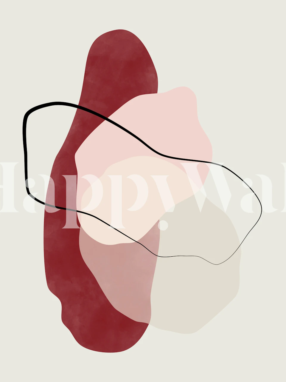 Abstrakti seinämaalaus punaisilla ja pastellisävyillä ja virtaavilla linjoilla