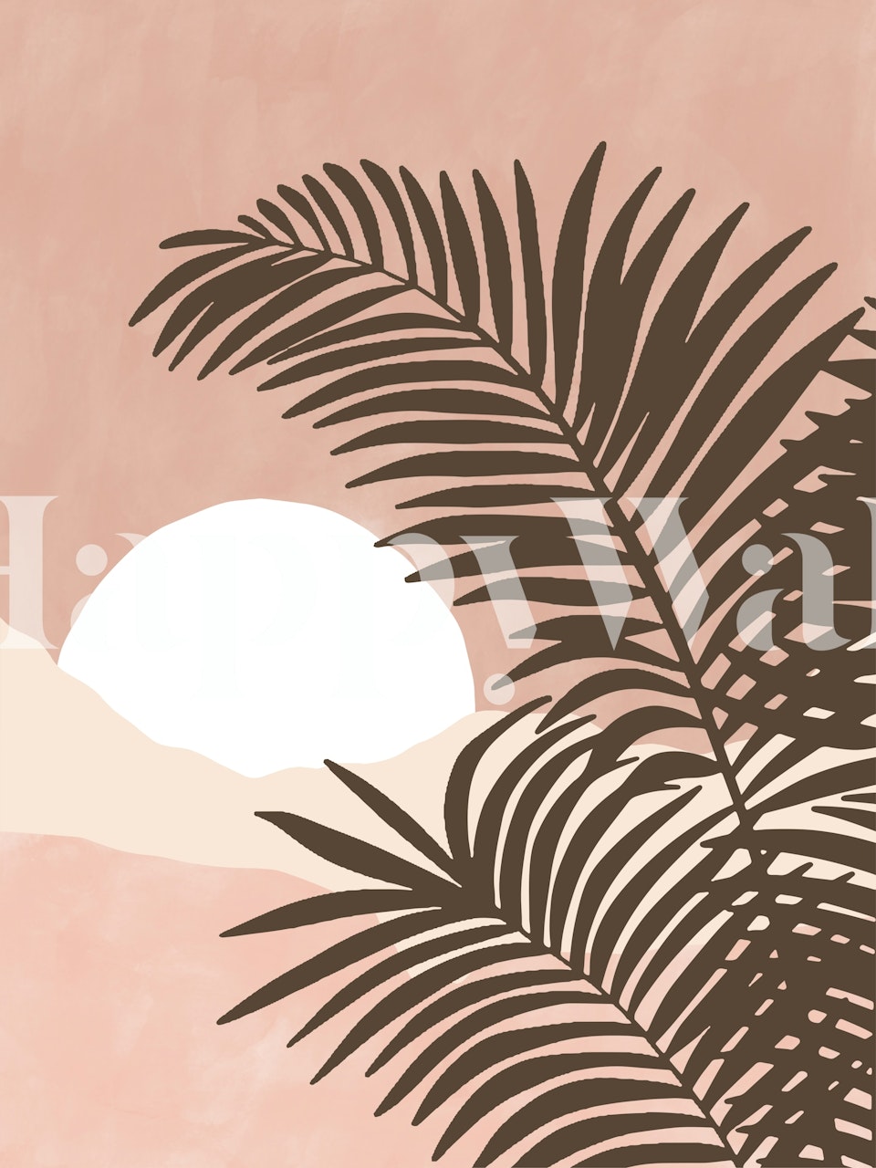 Blødt pink vægmaleri med silhuet af palmeblade og solopgang motiv