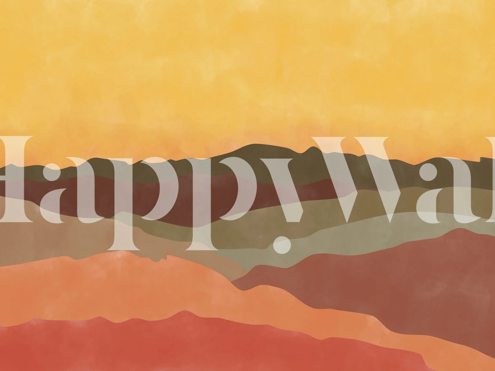 Abstract colorful landscape wall mural with layered hills in shades of red, orange, and grey.