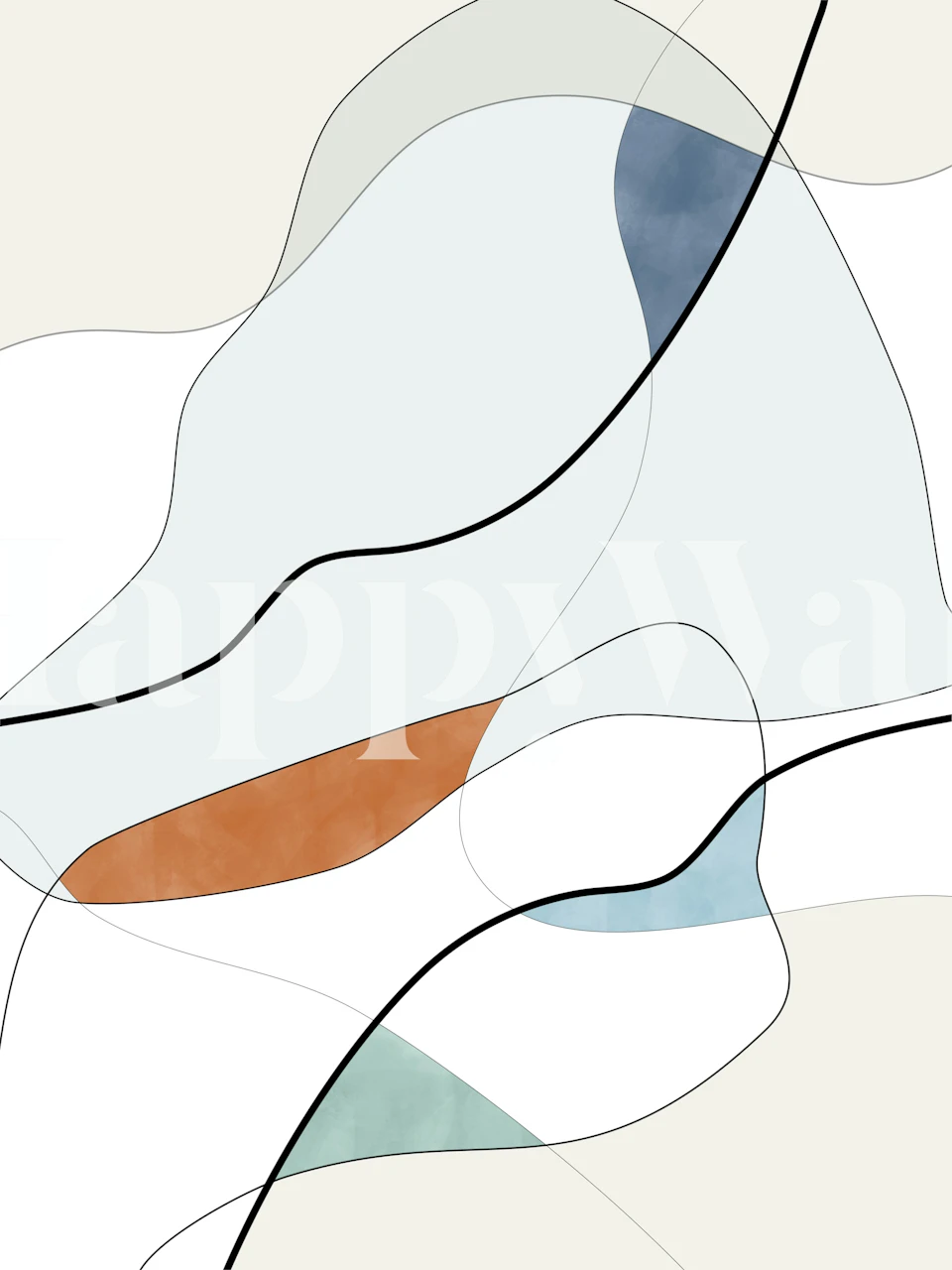 Curvy abstract shapes in blues, orange, and black wallpaper