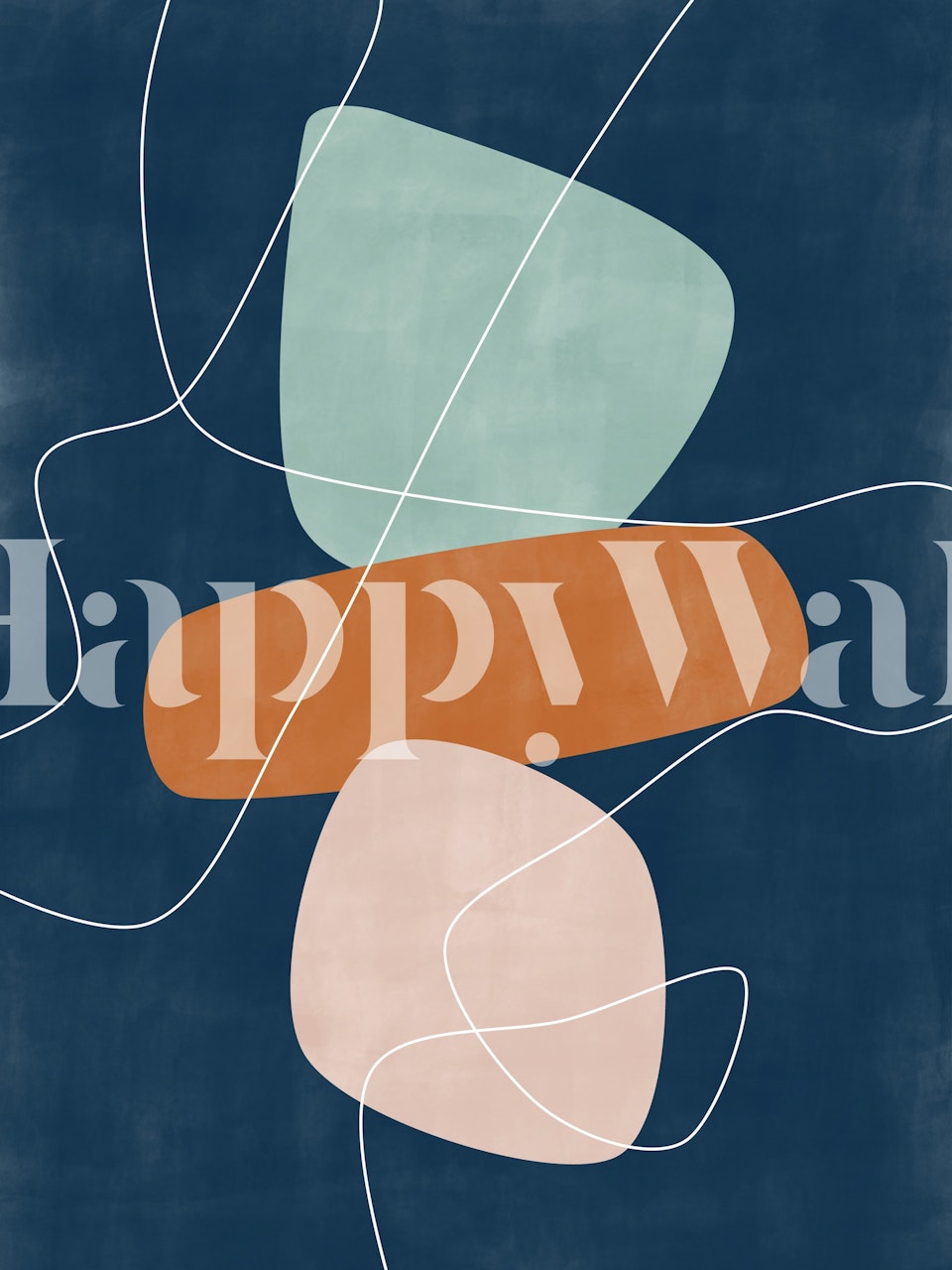 Navy blue background with abstract geometric shapes in pastel green, coral, and pink wallpaper