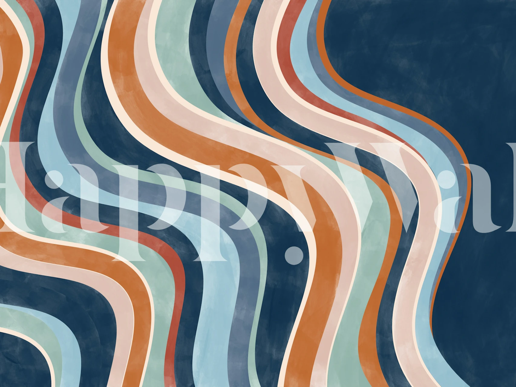 Abstract curving lines in shades of blue, orange, and rust on a dark background wall mural