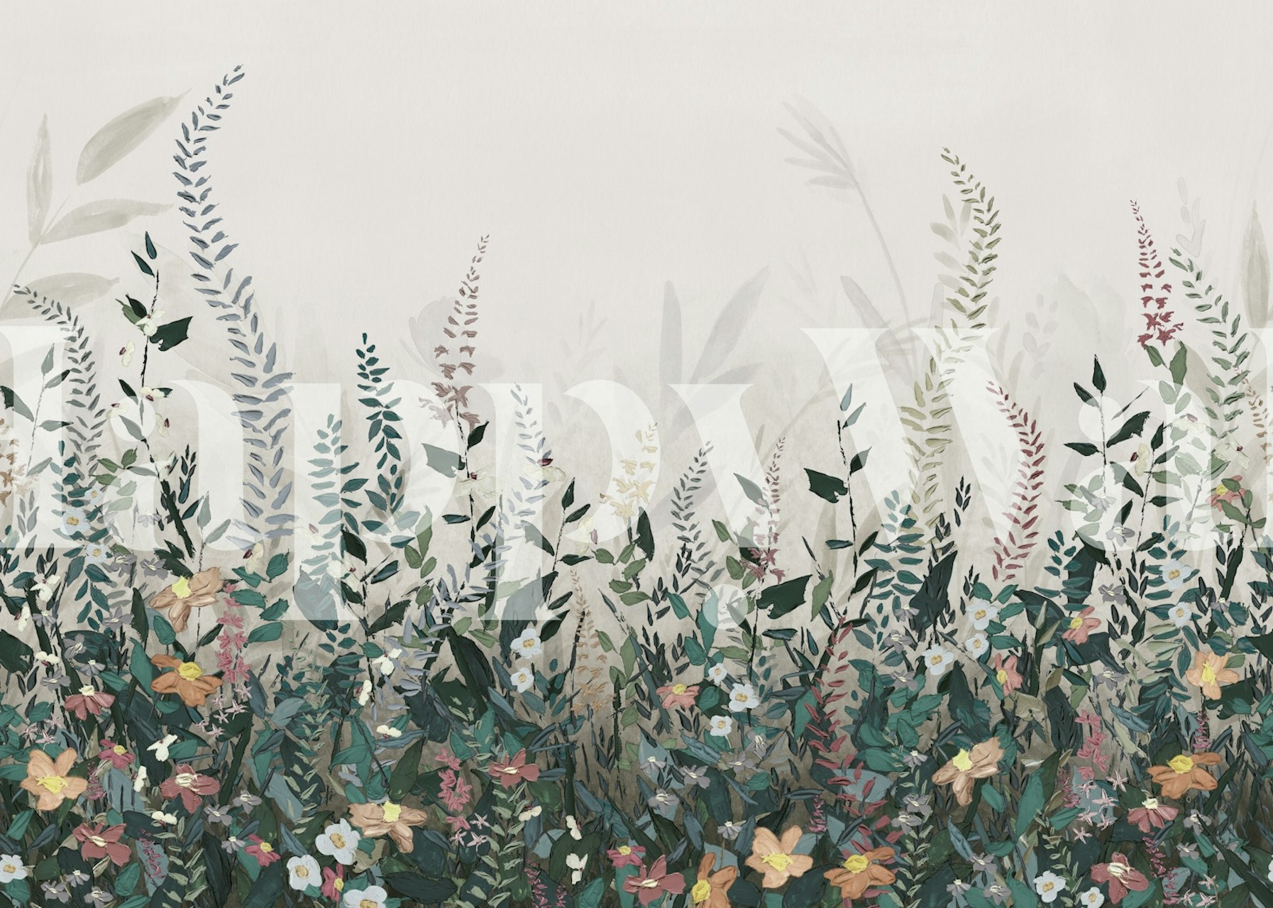 Floral wallpaper with colorful flowers and green leaves on a light background