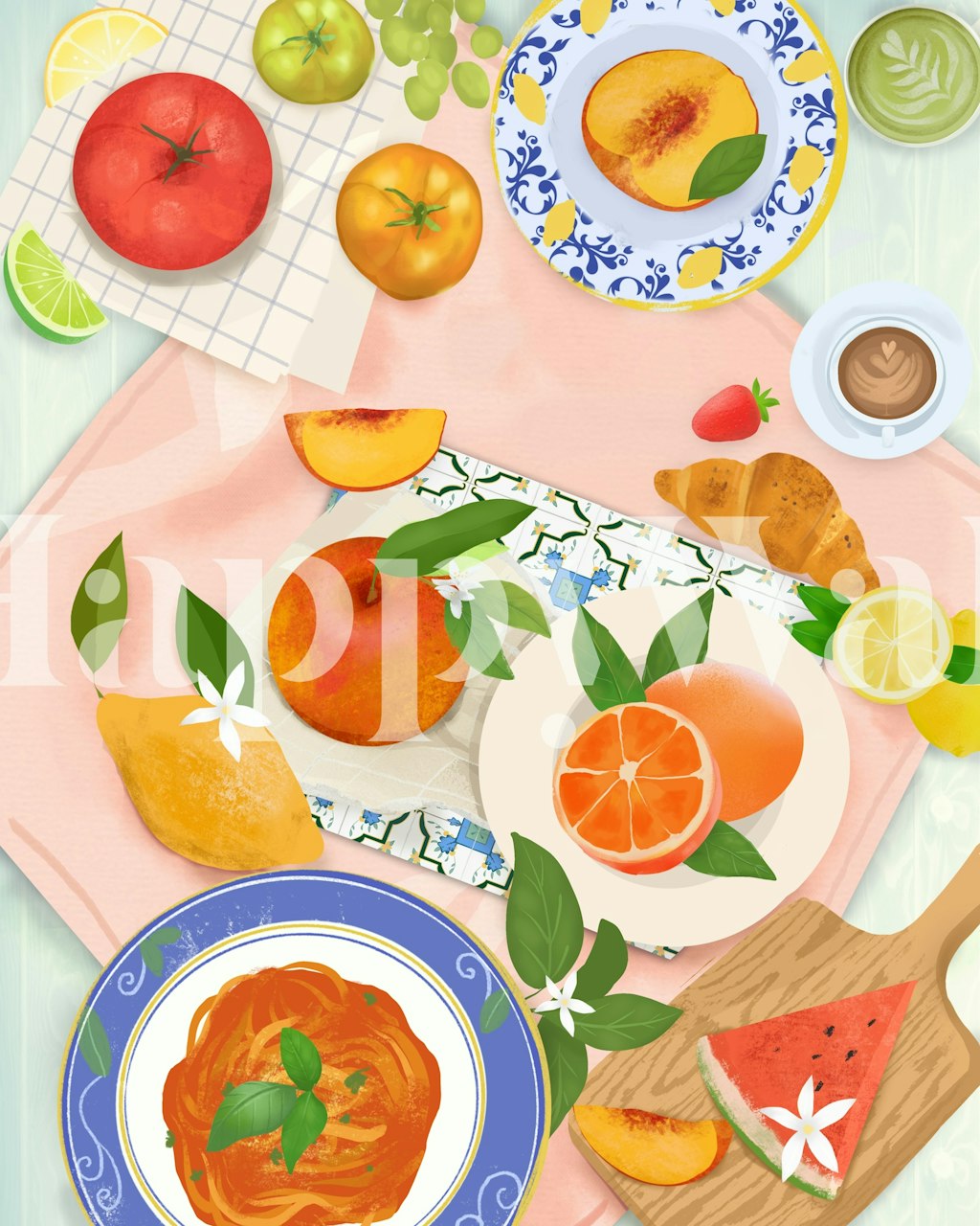 Colorful fruit and dessert layout on a table wallpaper