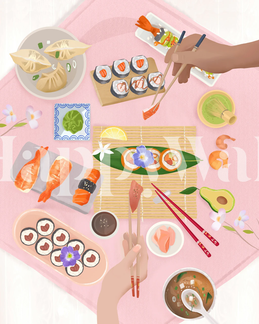 Wall mural of an assorted sushi spread with various sushi and sashimi pieces on a pink background