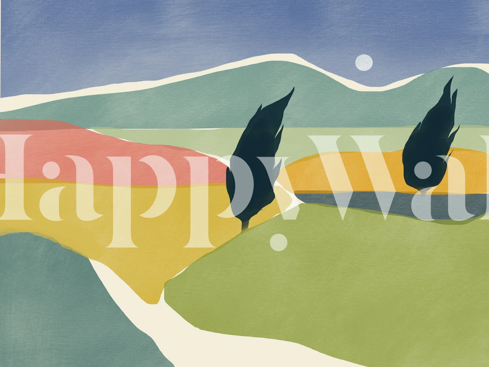 Abstract landscape wall mural with rolling hills and windswept grasses in pastel colors