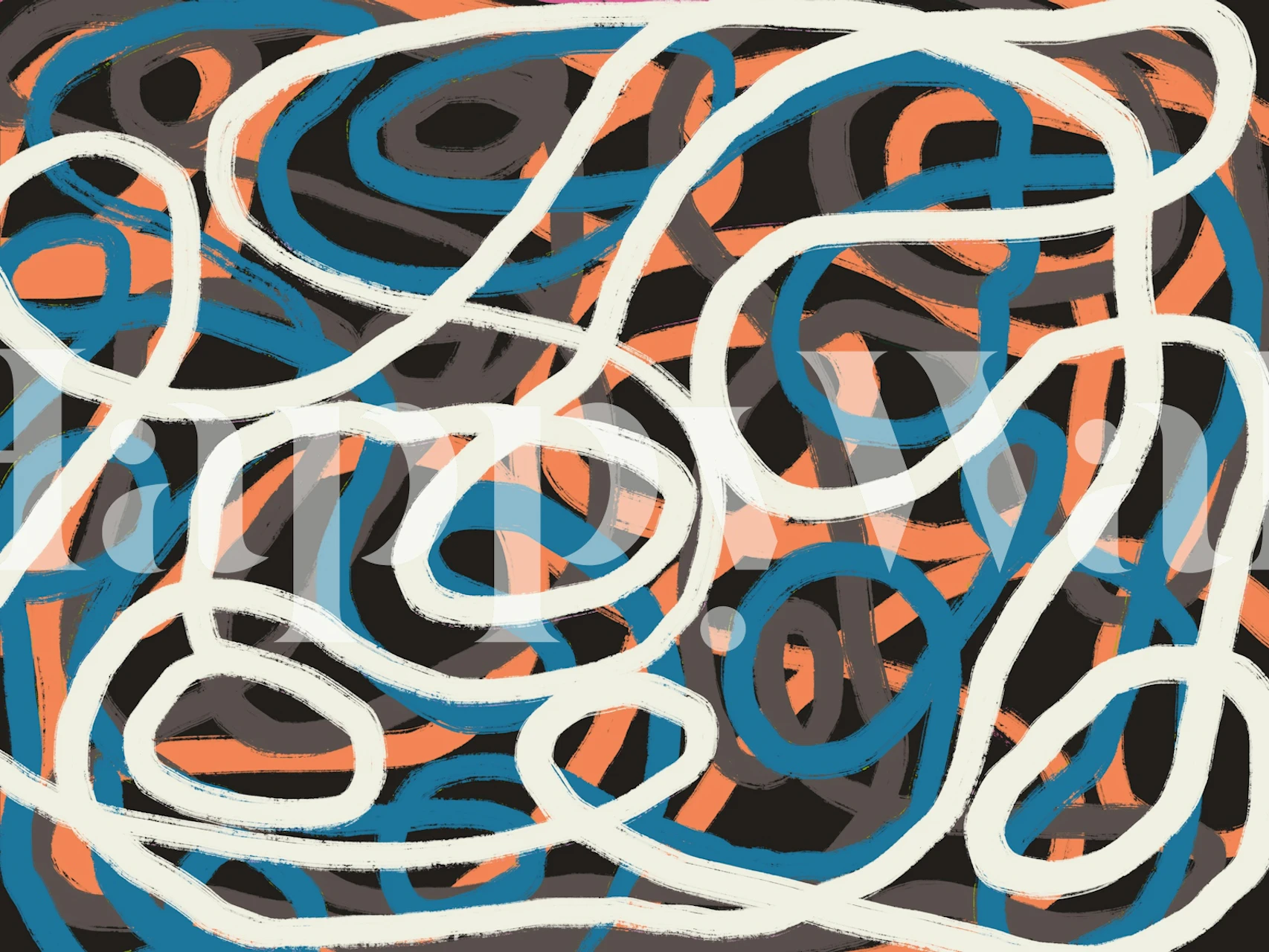 Colorful abstract lines in orange, blue, and cream on a black background wallpaper