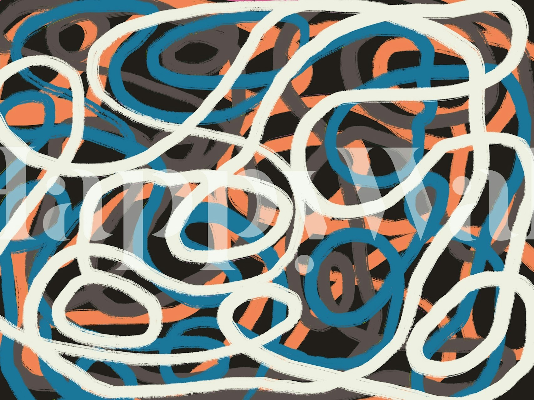 Colorful abstract lines in orange, blue, and cream on a black background wallpaper