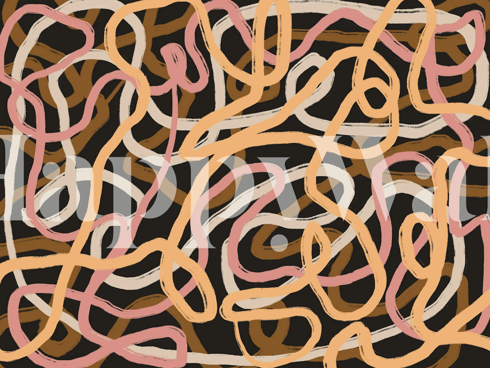 Abstract wavy lines in pink, tan, and cream on black wallpaper