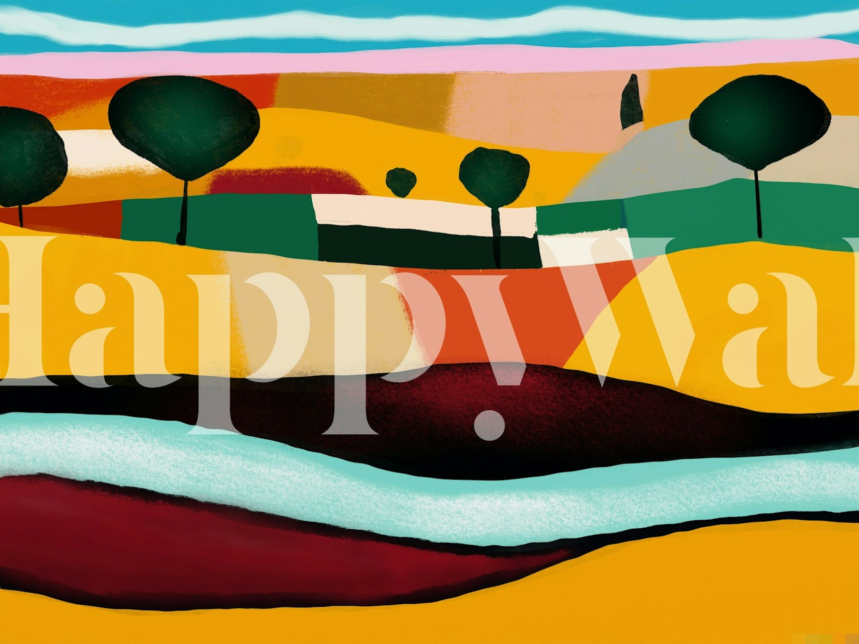 Fototapeta w stylu malarstwa abstrakcyjnego przedstawiająca wzgórza, rzekę i drzewa w ciepłych kolorach