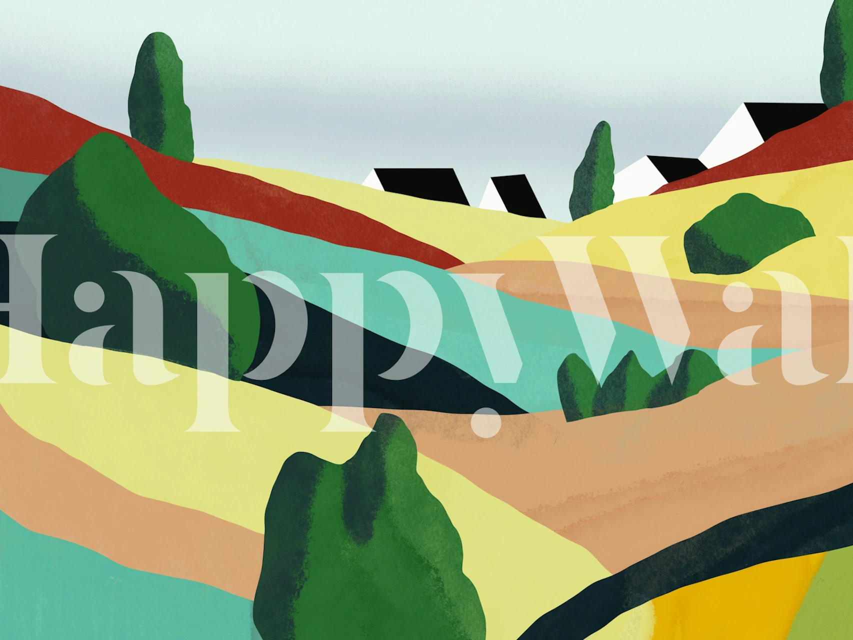 Abstract rolling hills wall mural with colorful cartoon-like landscape