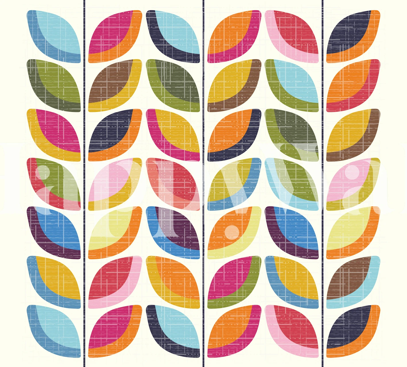 Stylized vine patterns with fabric-textured leaves in autumn colors on a wall mural.