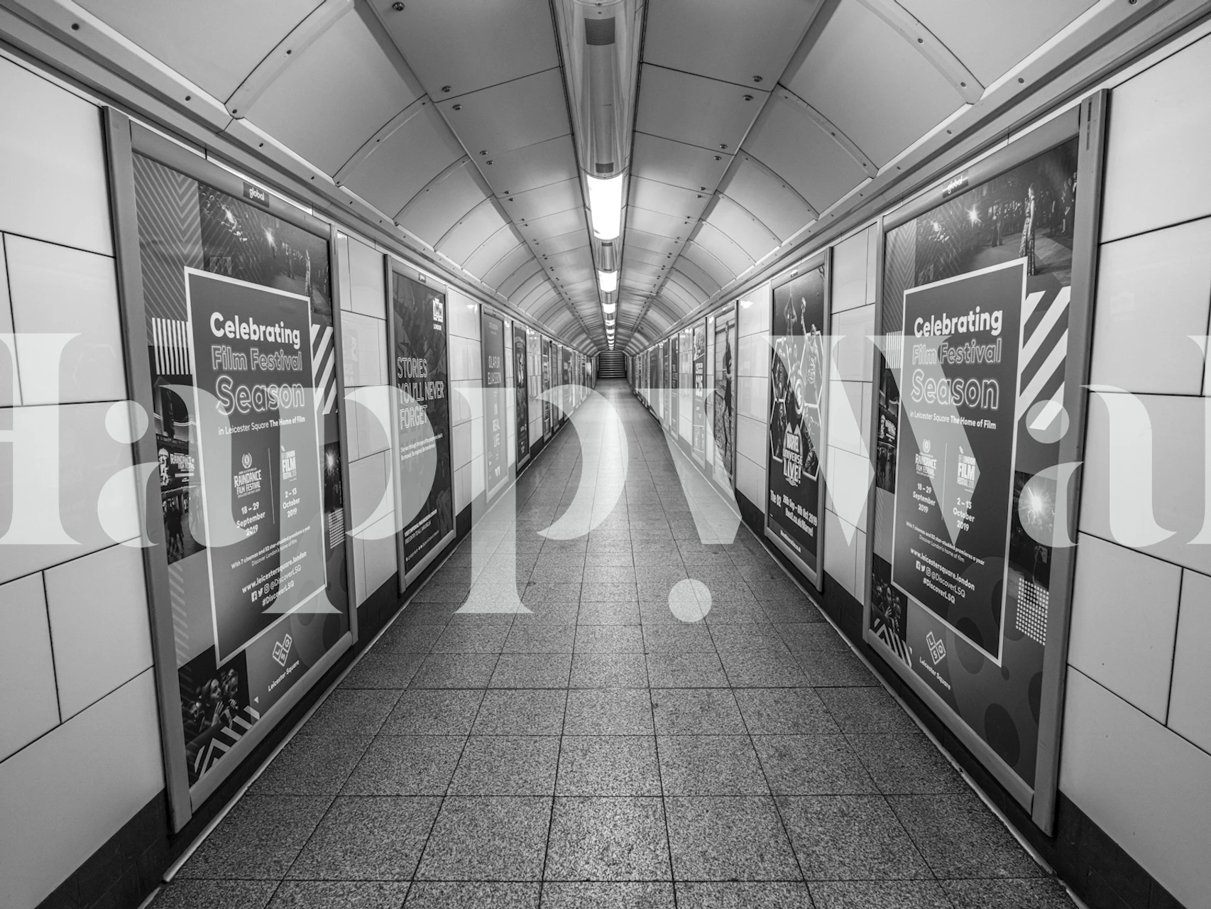 Black and white subway corridor wallpaper wall mural
