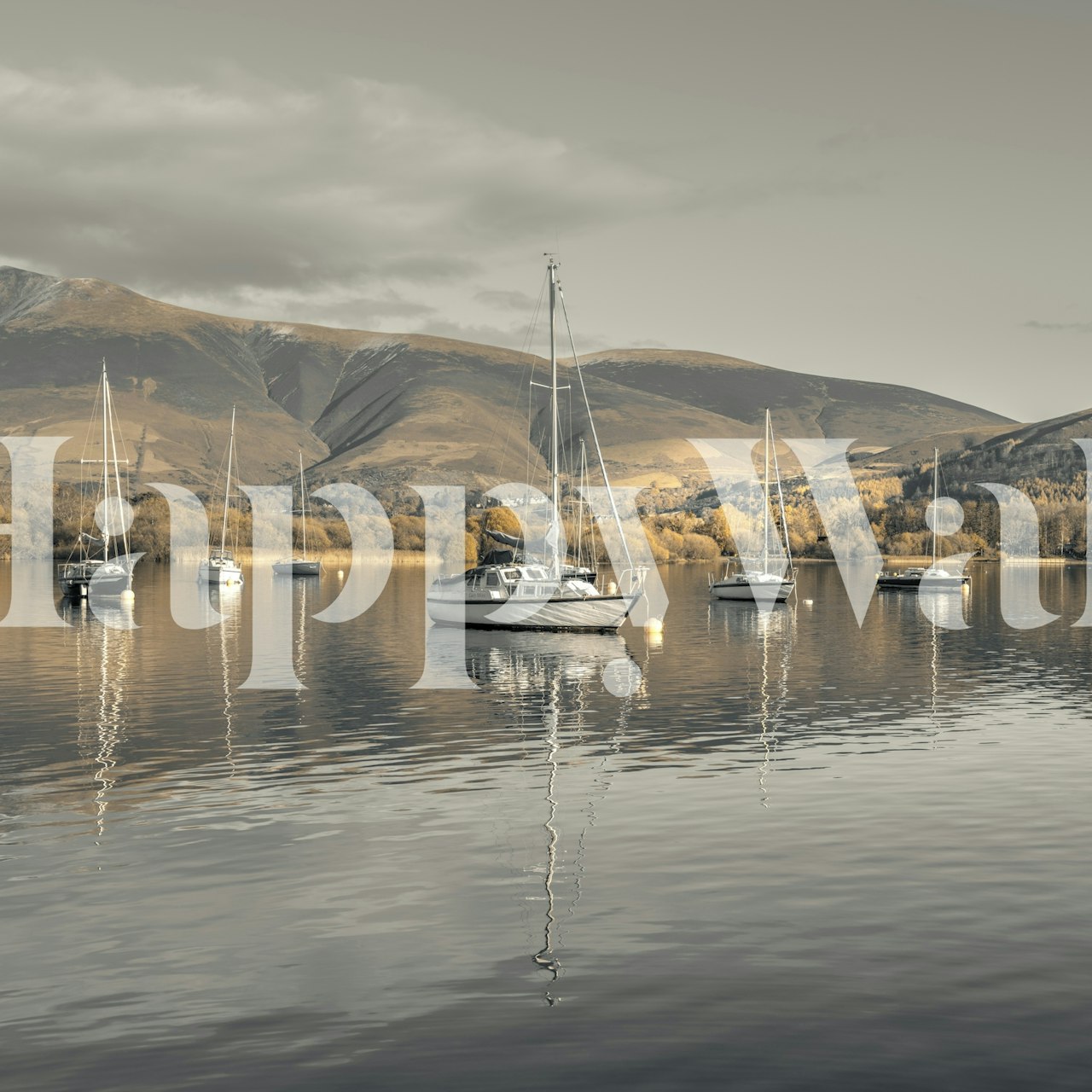 Sailing boats on a calm lake surrounded by mountains, monochrome wallpaper