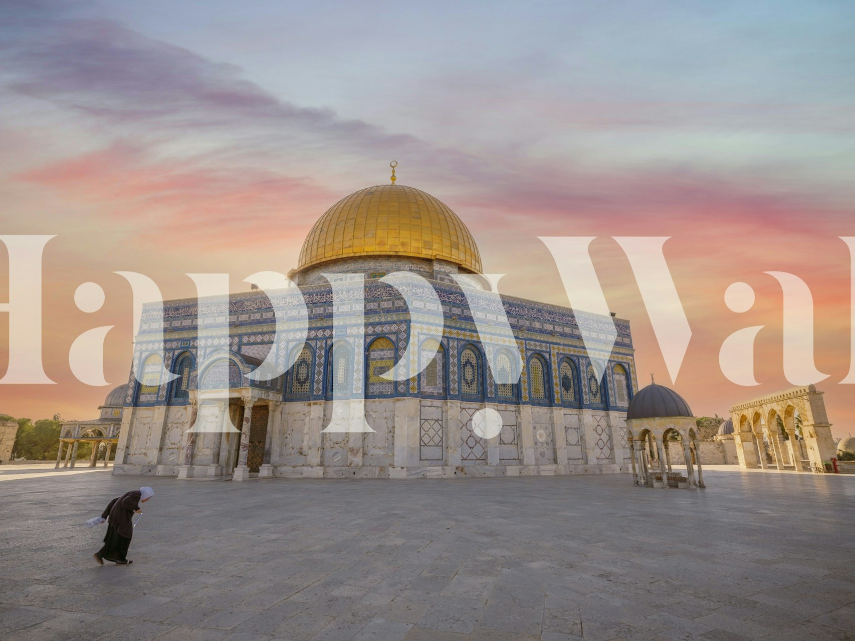 Temple Mount with golden dome and blue tile patterns wallpaper