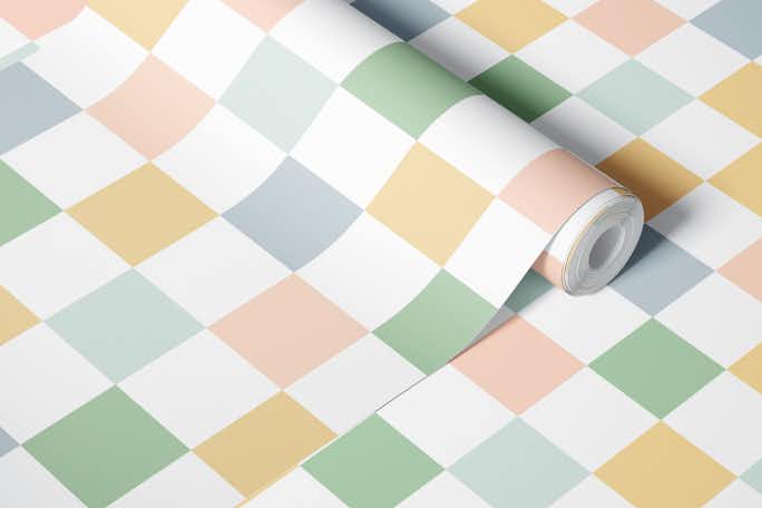 Checker Square Geometric Pastel Green Peachwallpaper roll