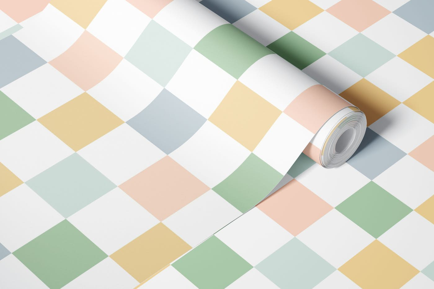 Checker Square Geometric Pastel Green Peach wallpaper roll