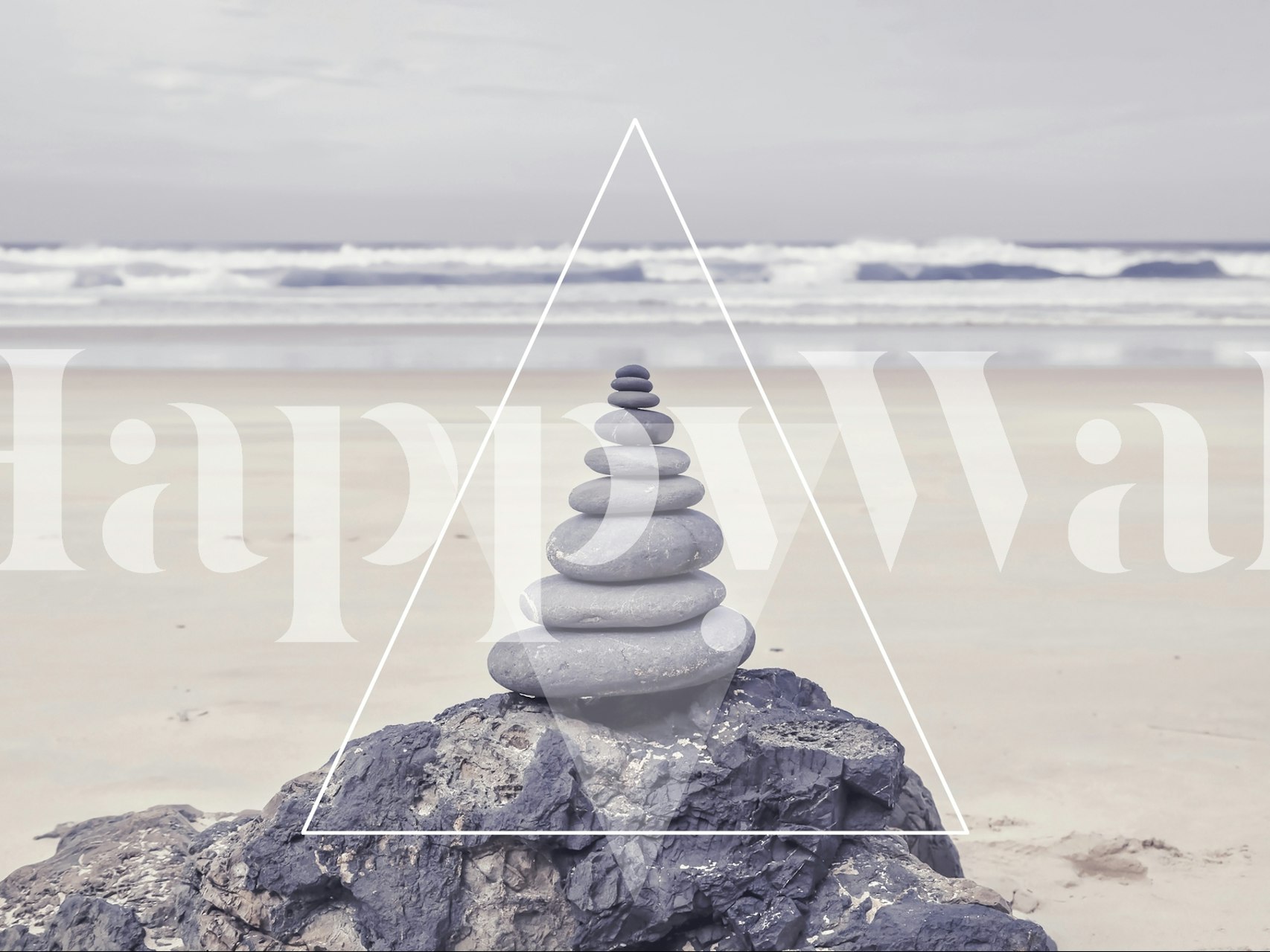Geometric nature wallpaper with stacked stones and ocean backdrop