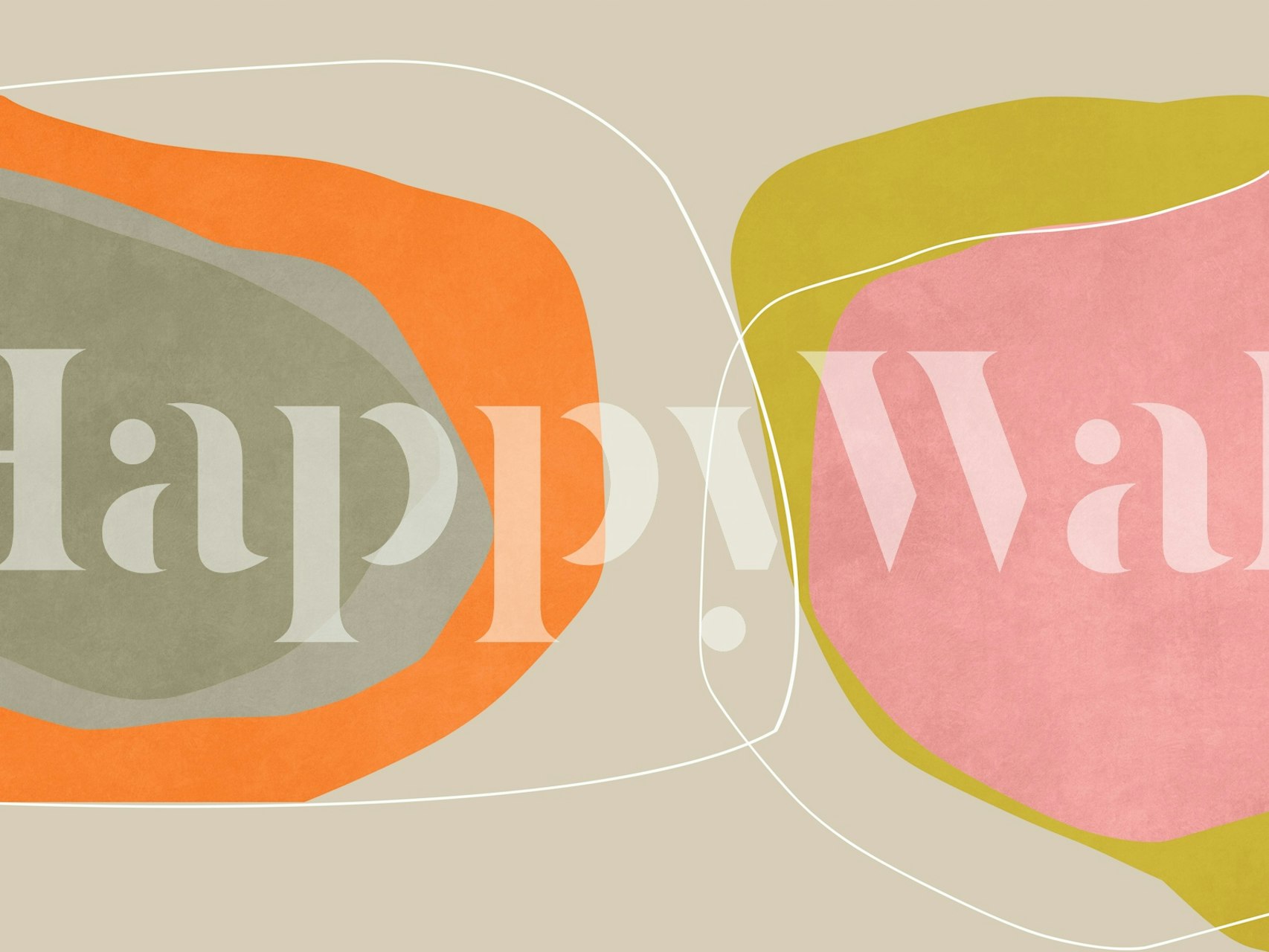 Mural de parede abstrato em tons pastéis com formas geométricas e orgânicas conectadas em laranja, rosa e cinza