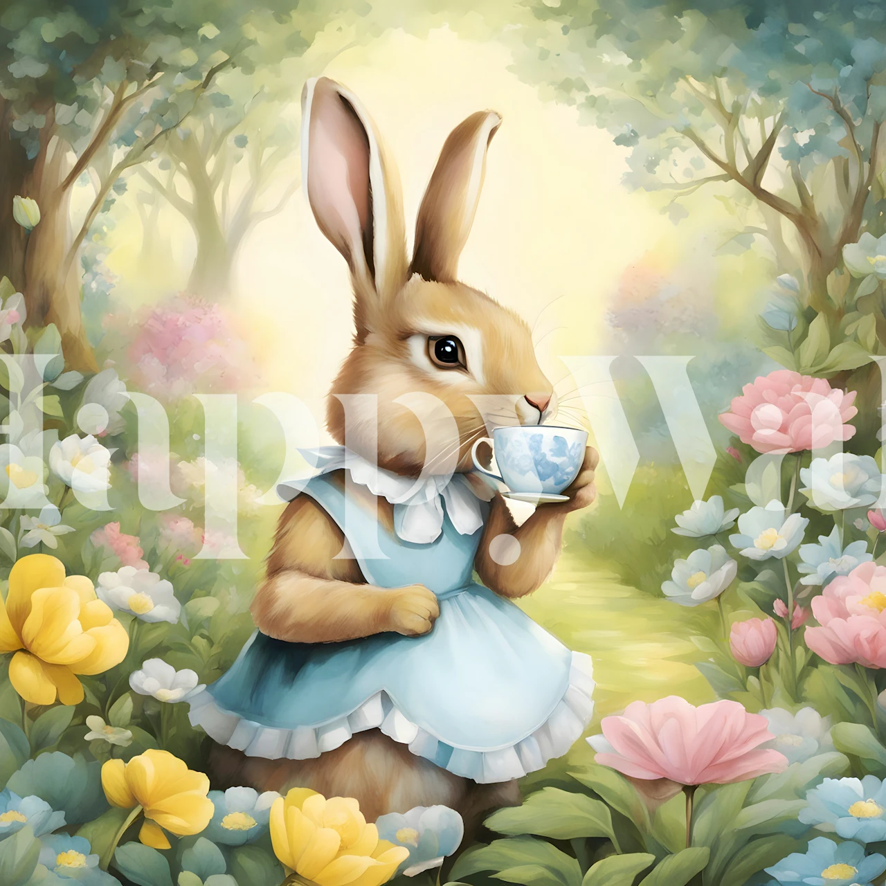 Whimsical rabbit holding a teacup surrounded by flowers wallpaper