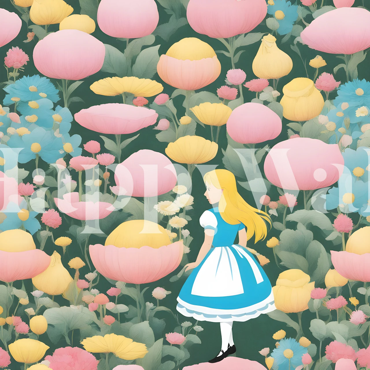 Ilustrowana tapeta z Alicją wśród kwiatów