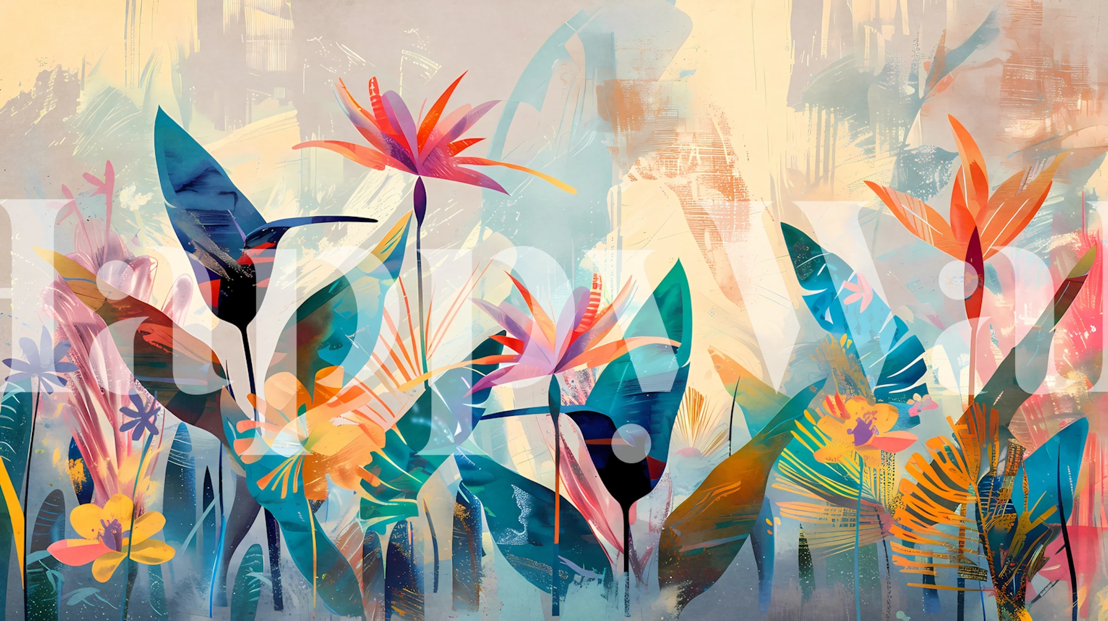 Colorful tropical flowers and leaves in vibrant hues wallpaper