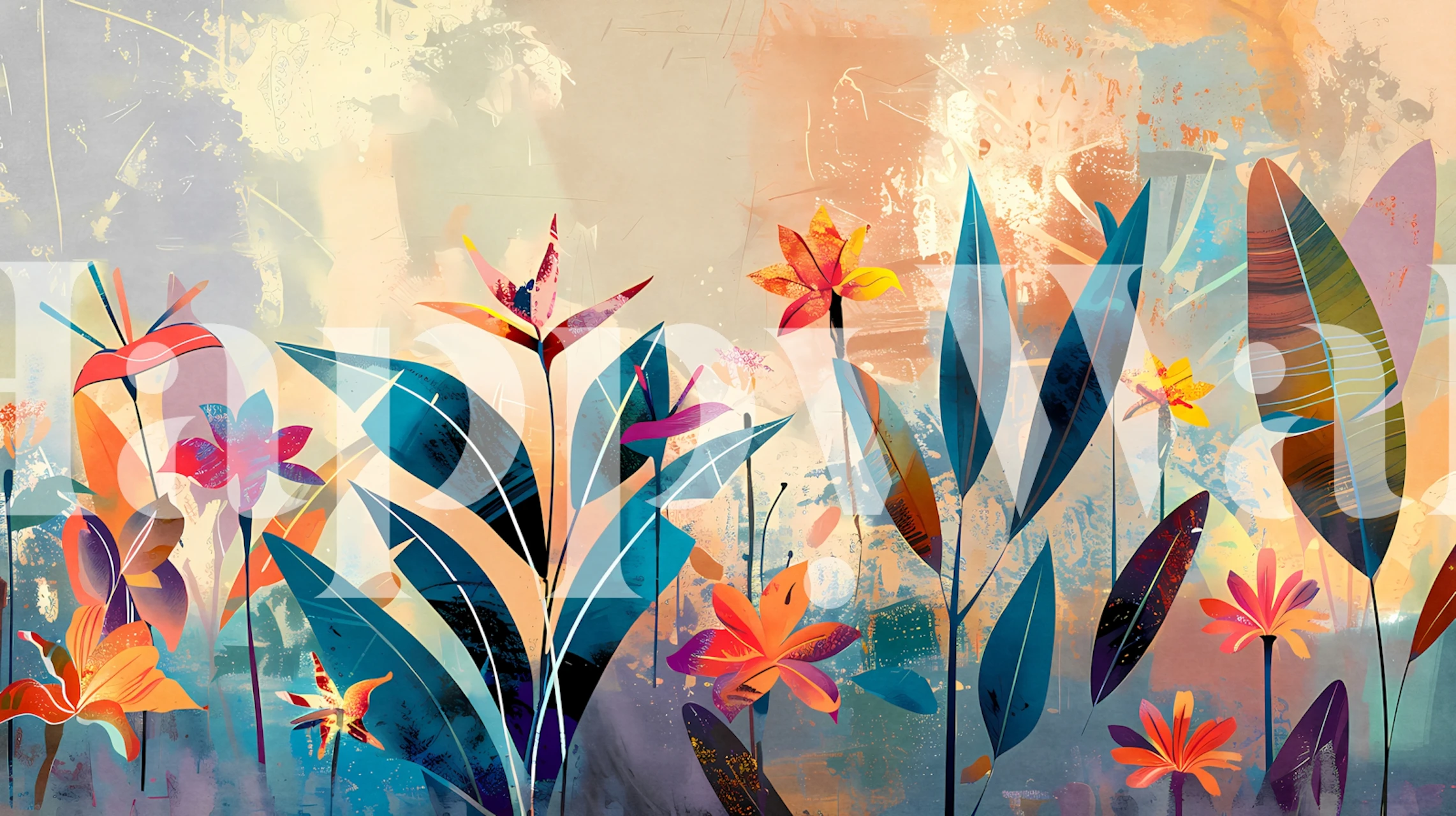 Colorful flowers and leaves in orange and teal wallpaper