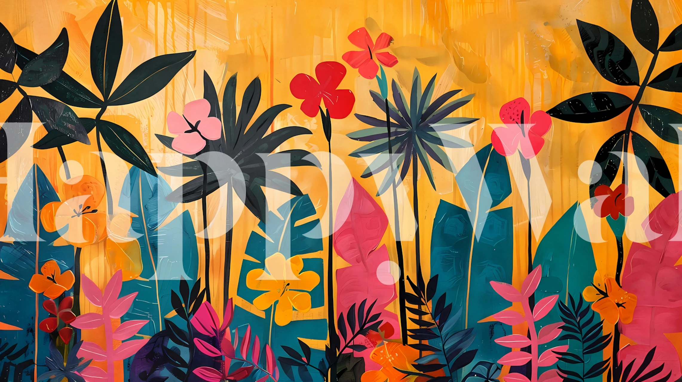 Vibrant floral wallpaper featuring tropical plants and flowers in pink, green, and orange tones.
