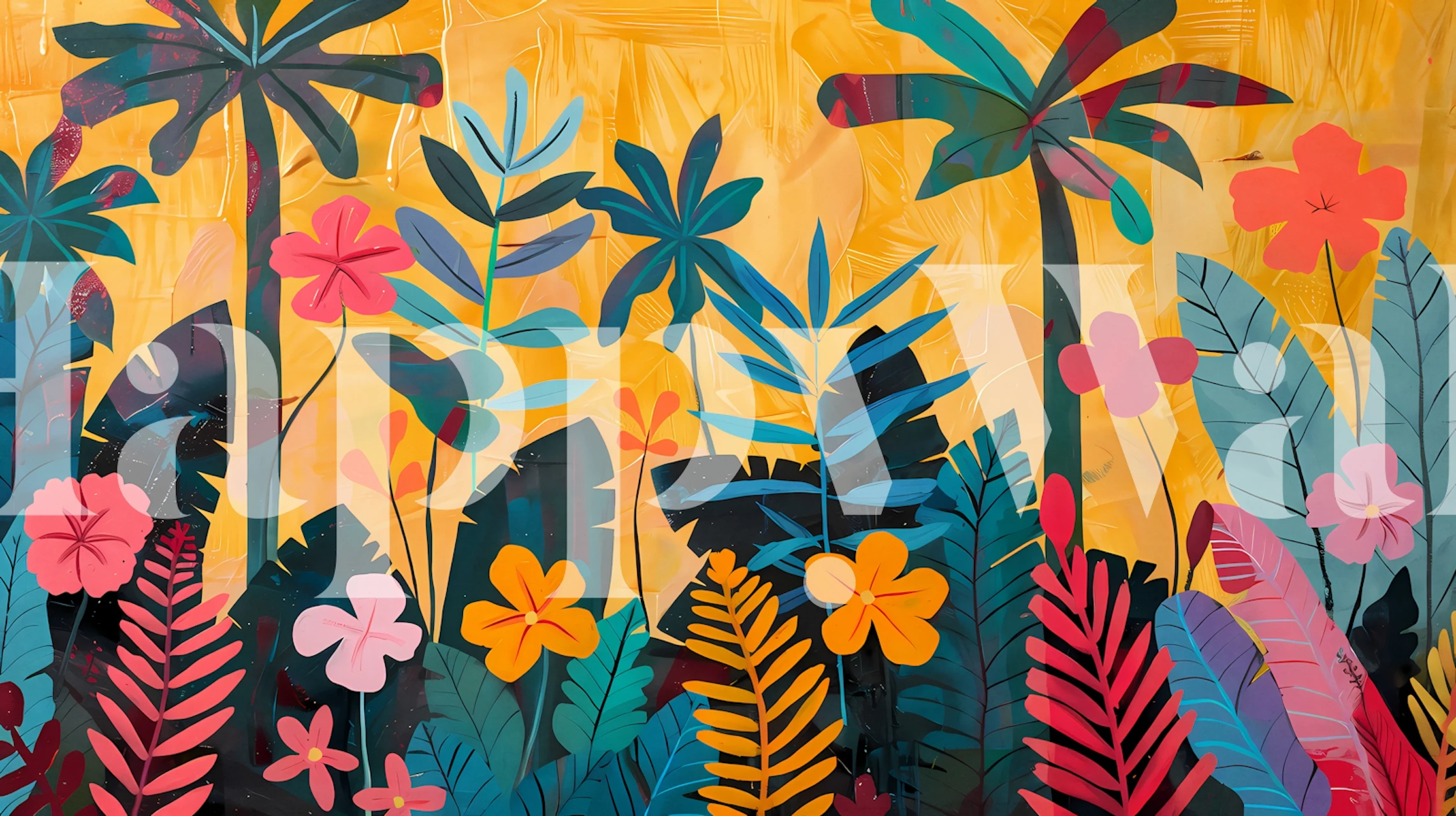 Colorful tropical garden wall mural with palm trees and vibrant plants
