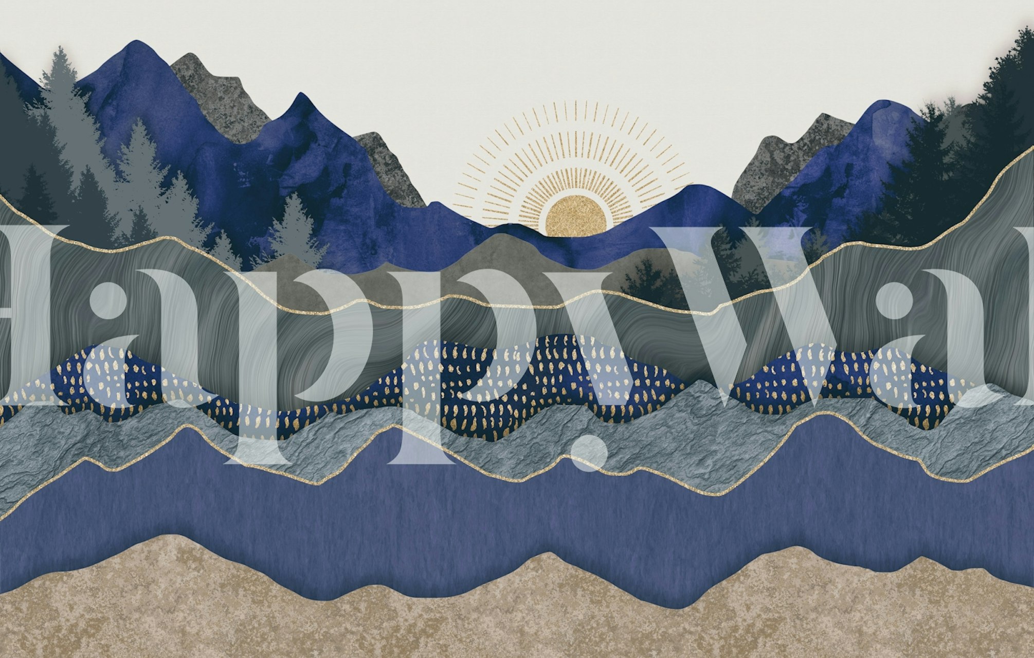 Layered blue mountains with sunrise in beige and gold wallpaper